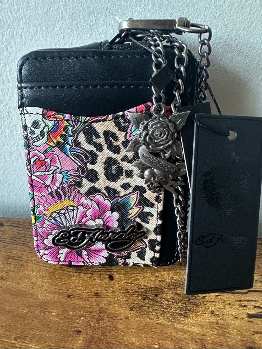 Ed Hardy Black Pink Floral Leopard Card Case Wallet Wristlet w/ Chain Strap NWT